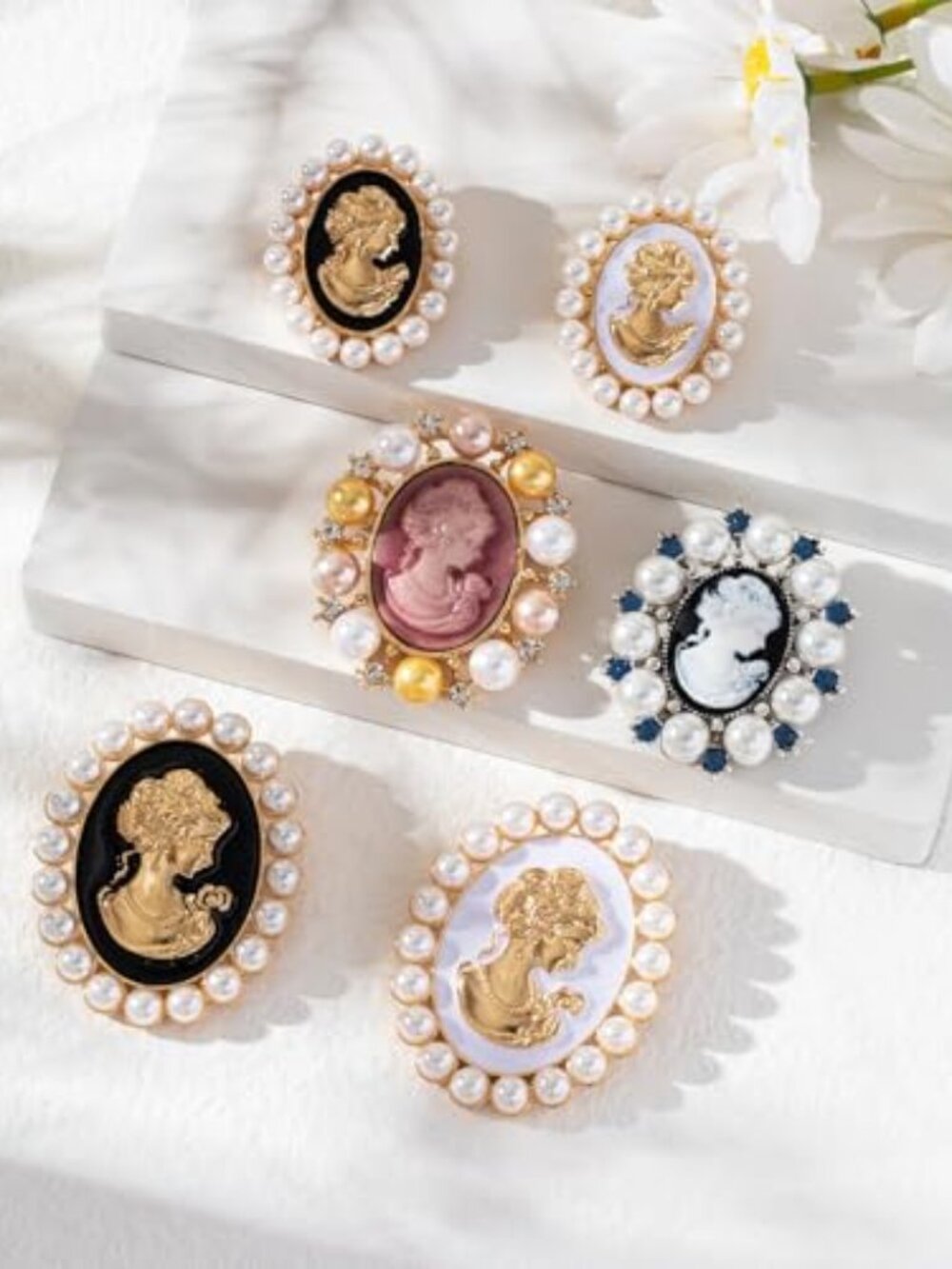 New - 6pcs Vintage Victorian Cameo Brooch Pins For‎ Women Imitation Pearl Lady